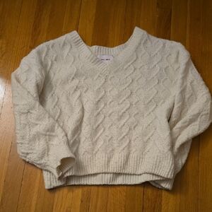 Pink Rose Cream V-Neck Cable Knit Sweater